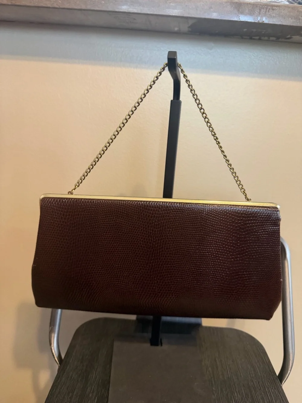 Vintage Brown Textured Frame-Top Chain Handle Bag - Picture 5 of 7